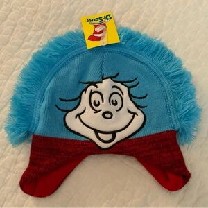 Dr. Seuss Thing 1 Thing 2 Peruvian Knit Hat with Ear Flaps and Blue Fringe NWT